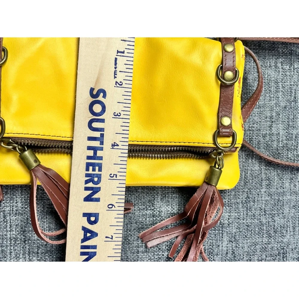Vera Pelle Italy Yellow Leather Crossbody Foldover Tassel Clutch Bag